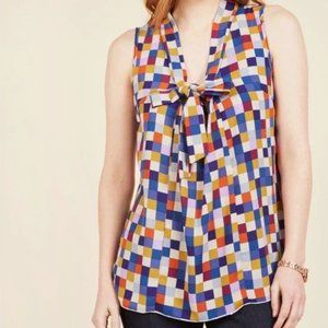 Modcloth Poema Bow Tie Checkered Blouse